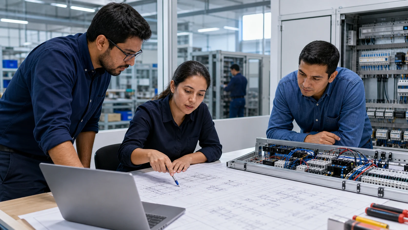 Equipo de ingeniería eléctrica desarrollando una solución de control