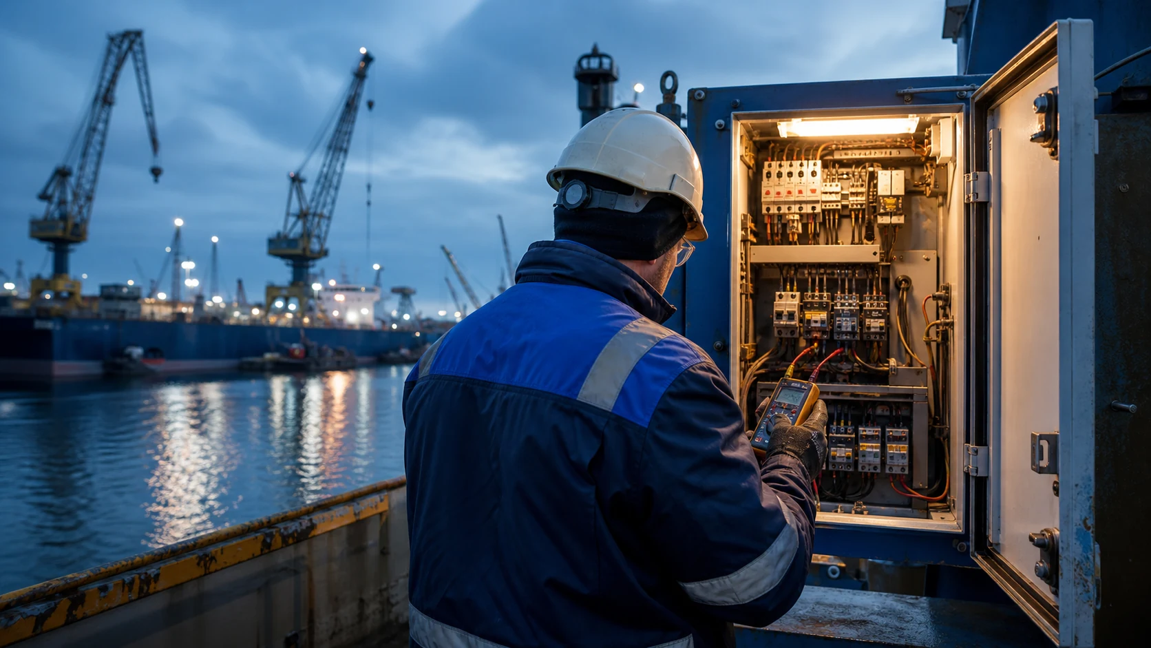 Técnico inspeccionando un gabinete eléctrico en un puerto